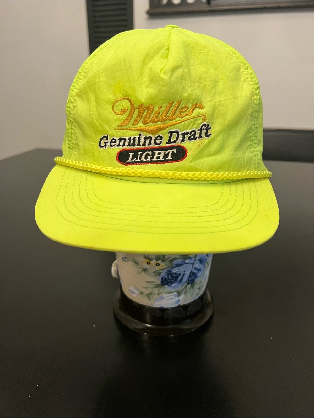 Vintage 80s 90s Miller Light Embroidered Neon Yellow Nylon Rope Band Trucker Hat